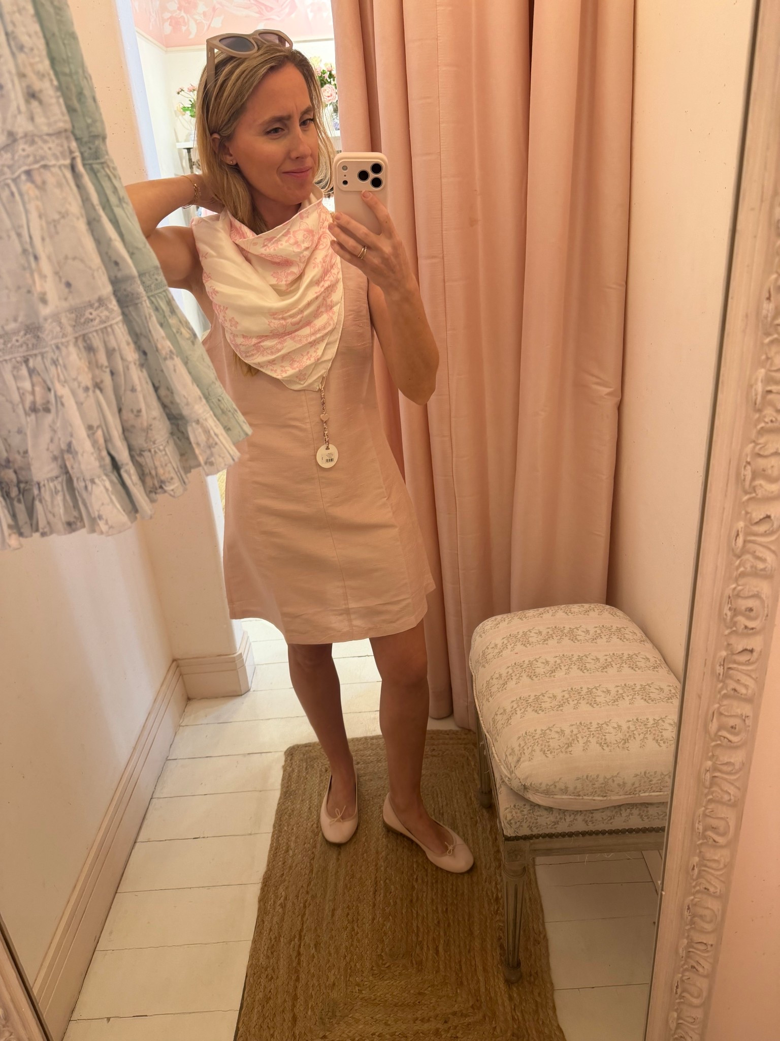 Adore this scarf I picked up at lsf in Scottsdale!! 

Mom style, mom life, classic style, pink style, pink dress, Julia amory, loveshackfancy 

#LTKSeasonal #LTKOver40 #LTKmomlife