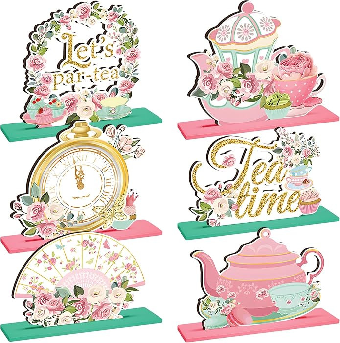 6 Pcs Floral Tea Party Decorations Spring Floral Time Table Wooden Centerpieces Pink Flower Teapo... | Amazon (US)