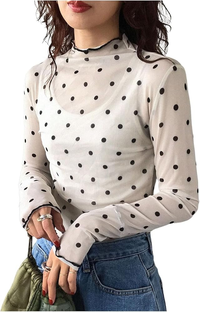 SHENHE Women's Polka Dots Mock Neck Mesh Top Trendy Long Sleeve Lettuce Trim T Shirts | Amazon (US)