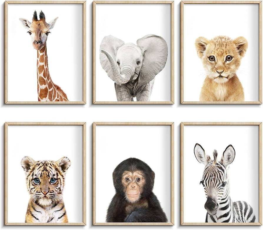 Set of 6 Baby Safari Nursery Wall Decor - Picture Cute Animal Wall Prints on Canvas, under 20 dol... | Amazon (US)