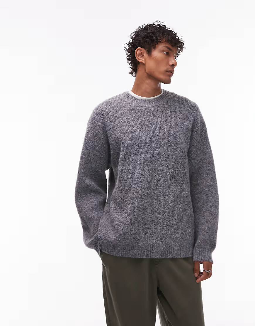Topman oversized fit crew jumper in charcoal-Grey | ASOS (Global)