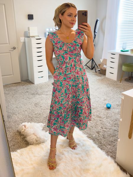 Pink and green ruffle cotton midi dress for summer currently on sale with code ‘LONGWKND’ wearing size 00 petite. Has cute tie detail in the back 

#LTKFindsUnder50 #LTKFindsUnder100 #LTKSaleAlert