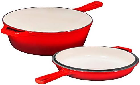 Enameled 2-In-1 Cast Iron Multi-Cooker By Bruntmor – Heavy Duty 3 Quart Skillet and Lid Set, Ve... | Amazon (US)