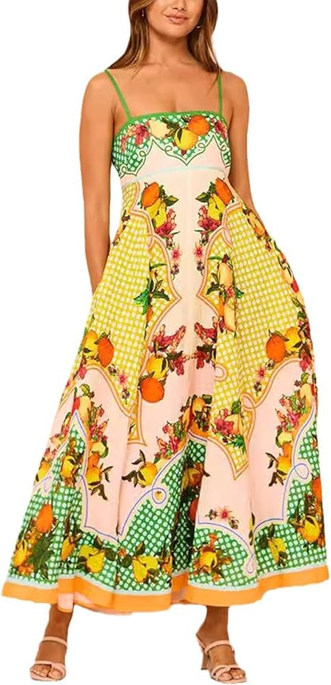 Women's Print Maxi Cami Dress Boho Sleeveless Spaghetti Strap Flowy Dress Summer A Line Beach Sun... | Amazon (US)