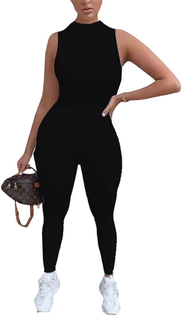 LuFeng Women's Sexy Sleeveless Zipper Bodycon Party Club Long Rompers Jumpsuit | Amazon (US)