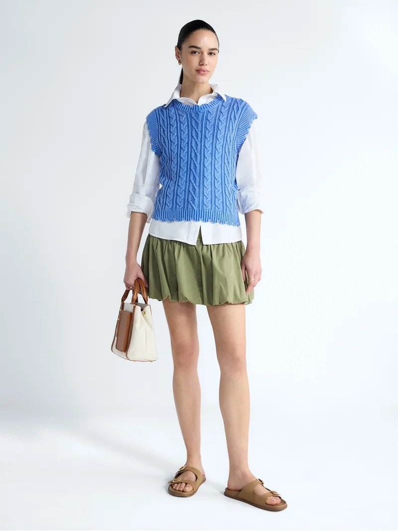 Free Assembly Women's Scalloped Cable Knit Cotton Vest, Sizes XS-XXL | Walmart (US)