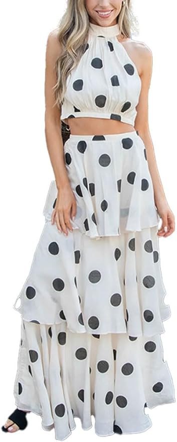 Wuitrie Summer Sexy 2 Piece Skirt Sets for Women Off-Shoulder Crop Top and Tiered A-Line Maxi Ski... | Amazon (US)