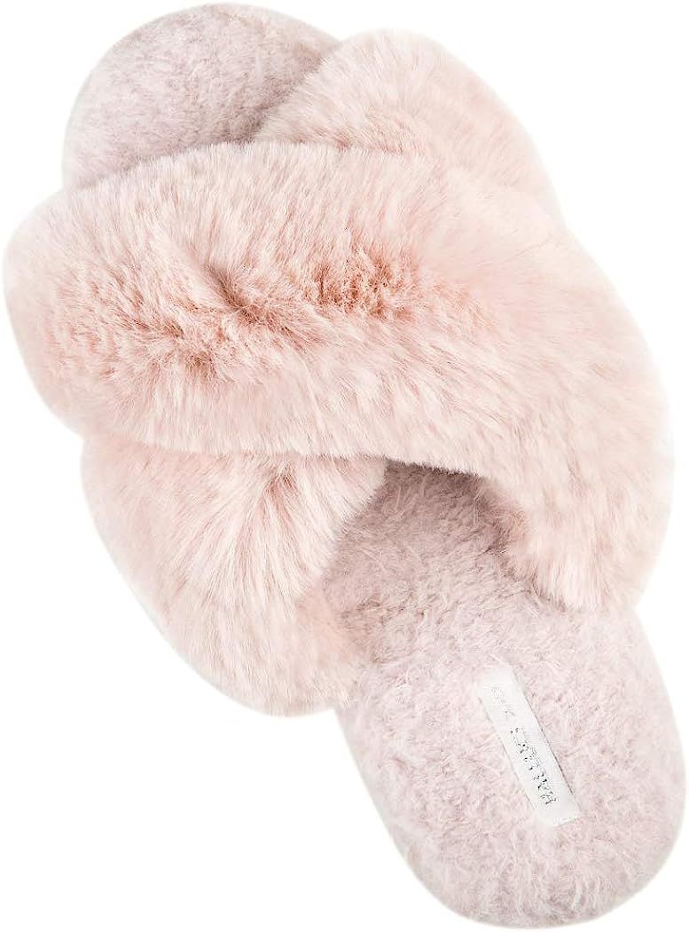 Women's Cross Band Soft Plush Fleece House/Outdoor Slippers | Amazon (US)