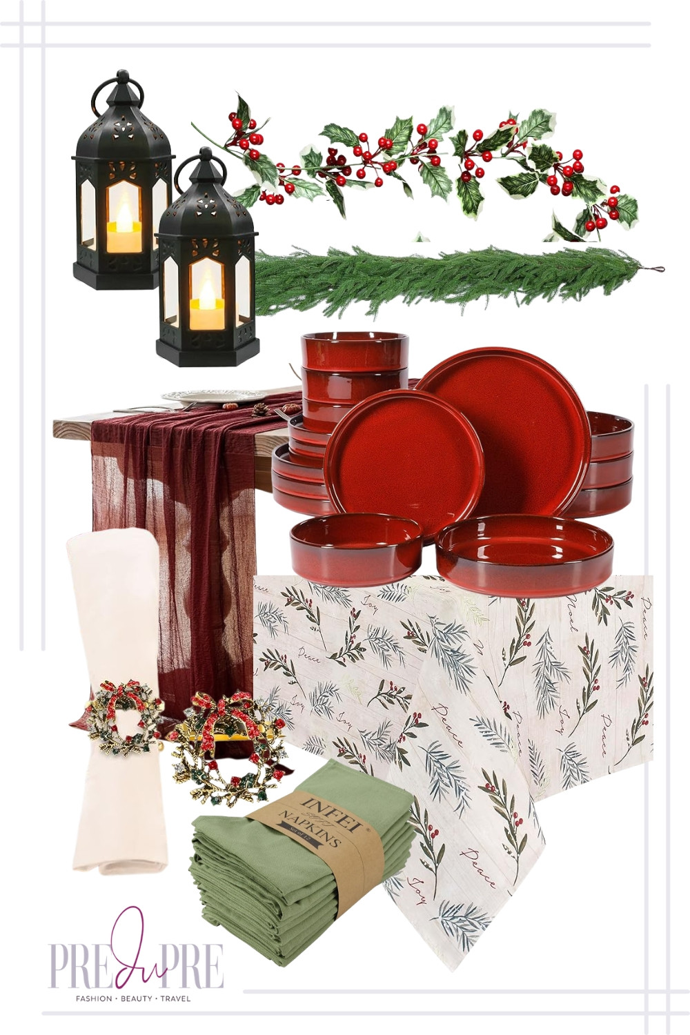 Transform your holiday table into a festive masterpiece with this cozy, mistletoe-inspired setting. This look brings together rich, deep reds and earthy greens for a truly traditional Christmas feel. We're obsessing over the red dinnerware paired with crisp green linen napkins and a beautiful, subtly patterned tabelcloth. The finishing touches? Decorative lanterns with pine & mistletoe garlands create that perfect warm, glowing ambiance. Everything you need for a stunning, inspired holiday gathering is linked here, making your shopping for entertaining essentials simple and easy!

#christmastable #holidaysetting #mistletoetheme #holidaydecor #redandgreen #tablescape #christmasdecorinspo #entertainingathome #winterdecor #preduprehome 

 #LTKSeasonal #LTKHome #LTKFindsUnder100