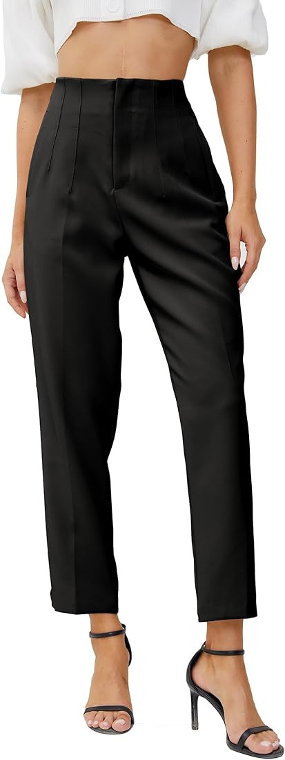JEAAMKSSER Women's High Waisted Business Trousers Straight Leg Pleated Office Slacks Pants | Amazon (US)
