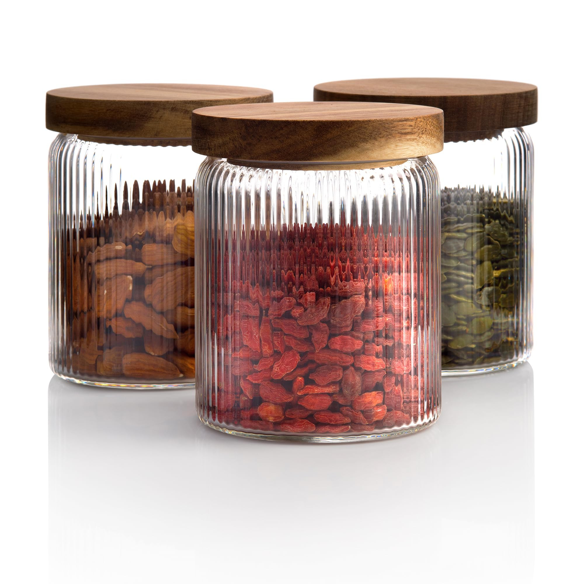 Mason & Fable Ribbed Glass Jar with Wooden Lid 17oz, Set of 3 | Airtight Fluted Storage Canisters... | Amazon (US)