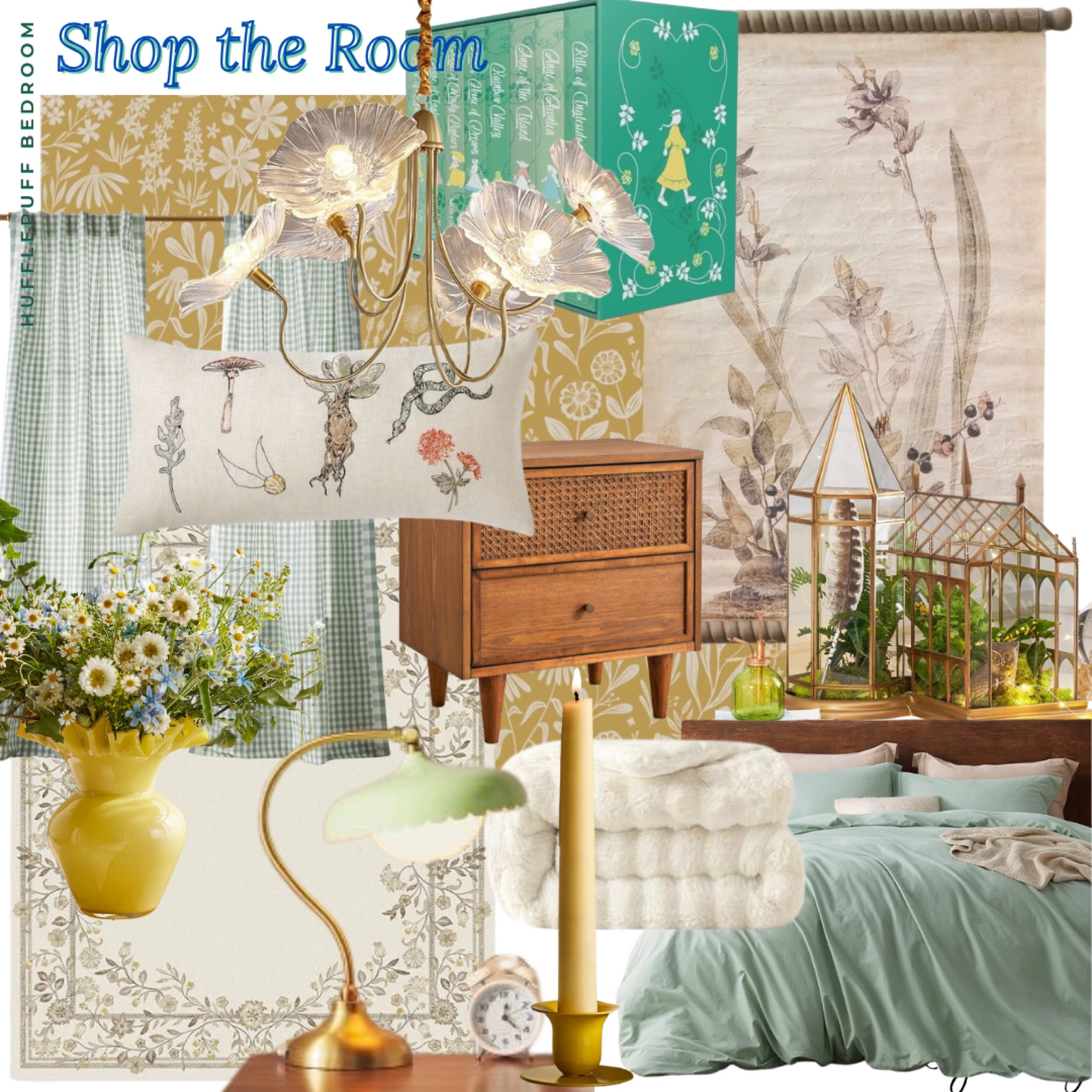 Shop the Room - Hufflepuff Bedroom 

Yellow bedroom decor, yellow bedroom design, spring home decor, spring home decorations, spring decor, spring bedroom, floral wallpaper, yellow wallpaper, spring curtains, Harry Potter throw pillow, Anne of Green Gable books set, flower chandelier, floral wall art, floral tapestry, Wood nightstand, Greenhouse jewelry box, terrarium jewelry box, mint green bedding set, fluffy throw blanket, white throw blanket, yellow taper candle holder, flower table lamp, flower desk lamp, yellow vase, floral area rug, botanical bedroom, Harry Potter room, Harry Potter bedroom

#LTKSpringSale #LTKHome #LTKSeasonal