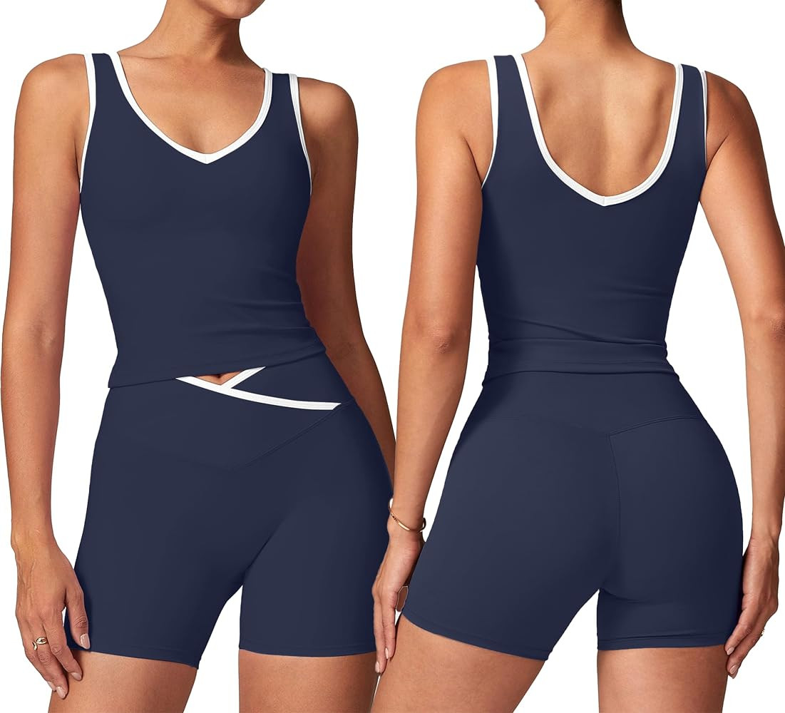 SUUKSESS Women 2 Piece Workout Sets Built in Bra Yoga Tank Top High Waisted Tummy Control Biker S... | Amazon (US)