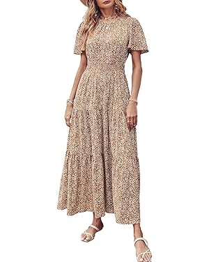 PRETTYGARDEN Women's Summer Casual Short Flutter Sleeve Round Neck Smocked Waist Tiered Boho Flor... | Amazon (US)