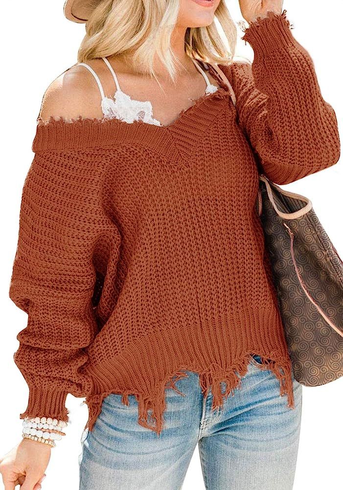 LEANI Women's Loose Knitted Sweater Long Sleeve V-Neck Ripped Pullover Sweaters Crop Top Knit Jumper | Amazon (US)