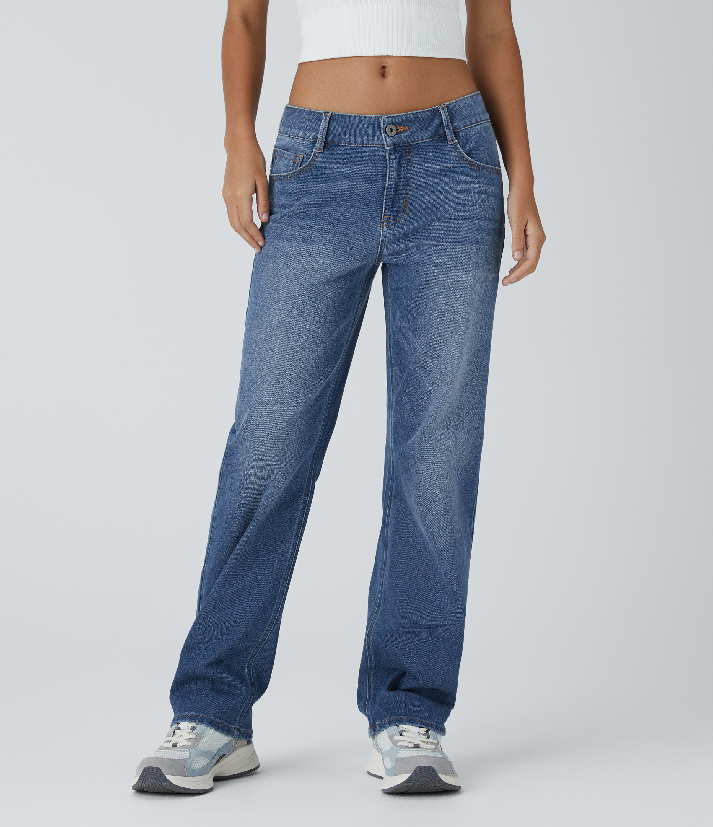 Halara Halara Flex™ Low Rise Button Zipper Multiple Pockets Straight Leg Washed Stretchy Knit Casual Jeans - Magnolia Blue Denim - XS(tall) | HALARA