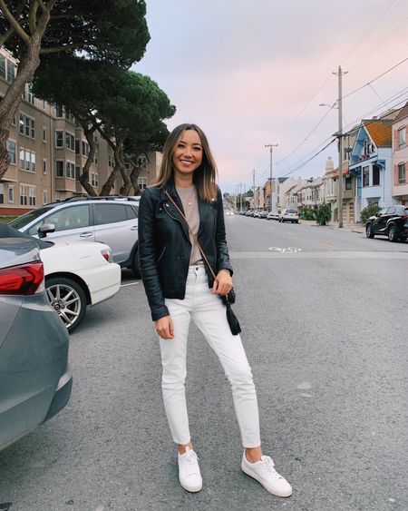 Last day of madewell insiders sale! 

Leather jacket - 25% off, xs 
White denim jeans - linked similar wide leg and straight leg recommendations from madewell, I recommend sizing down one 
Cashmere sweater - xs 
White sneakers 

#LTKtravel #LTKsalealert #LTKunder100
