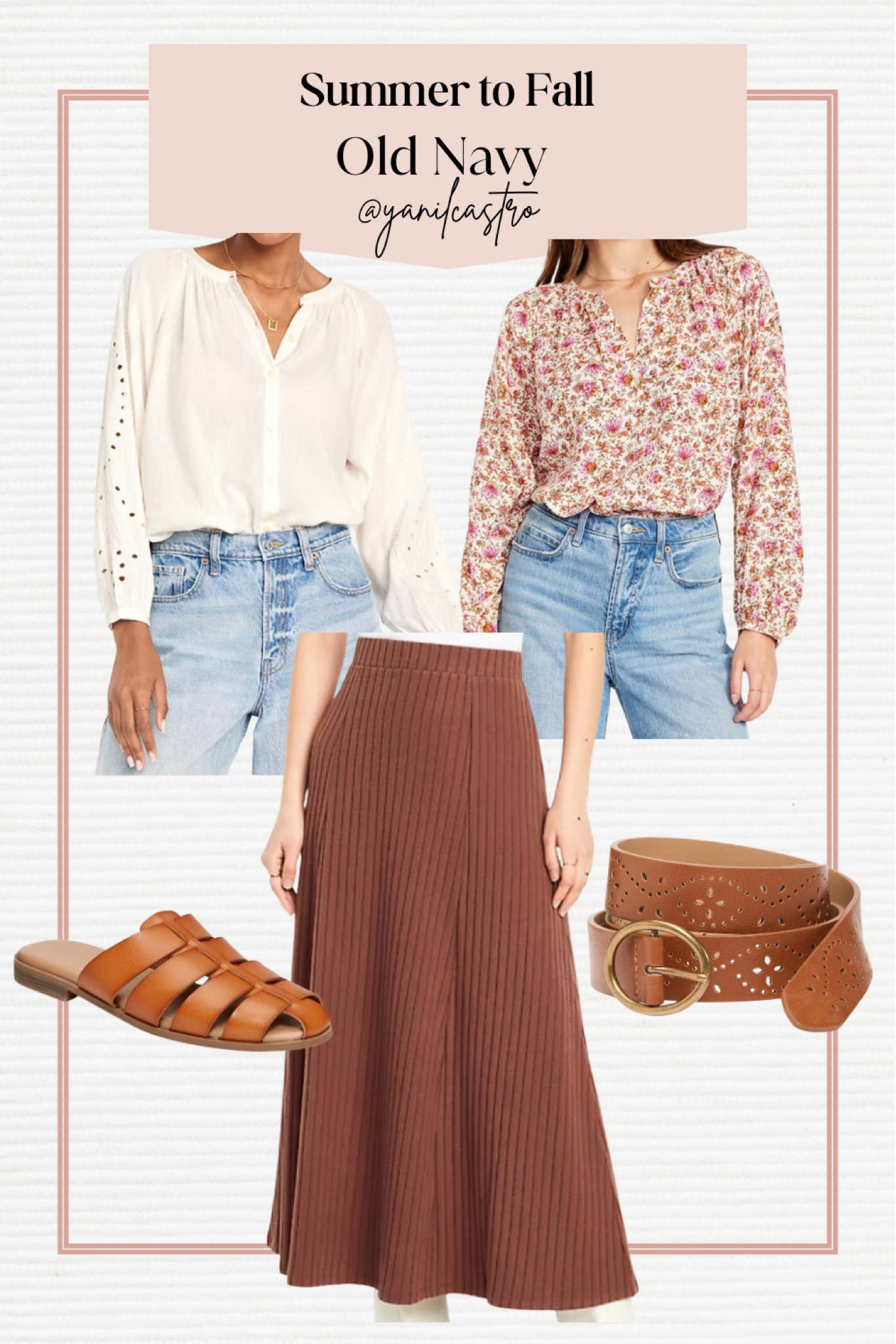 Summer to fall transitional pieces

Maxi skirt 
Brown belt
Brown sandals
Floral blouse
White blouse 

#LTKStyleTip #LTKSummerSales #LTKFindsUnder50