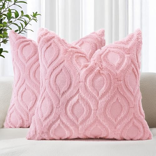 decorUhome Spring Valentine’s Day Throw Pillow Covers 20x20 Inch Set of 2, Soft Plush Faux Wool Light Pink Solid Couch Pillow Covers, Accent Farmhouse Neutral Square Pillow Cases for Sofa Bed | Amazon (US)