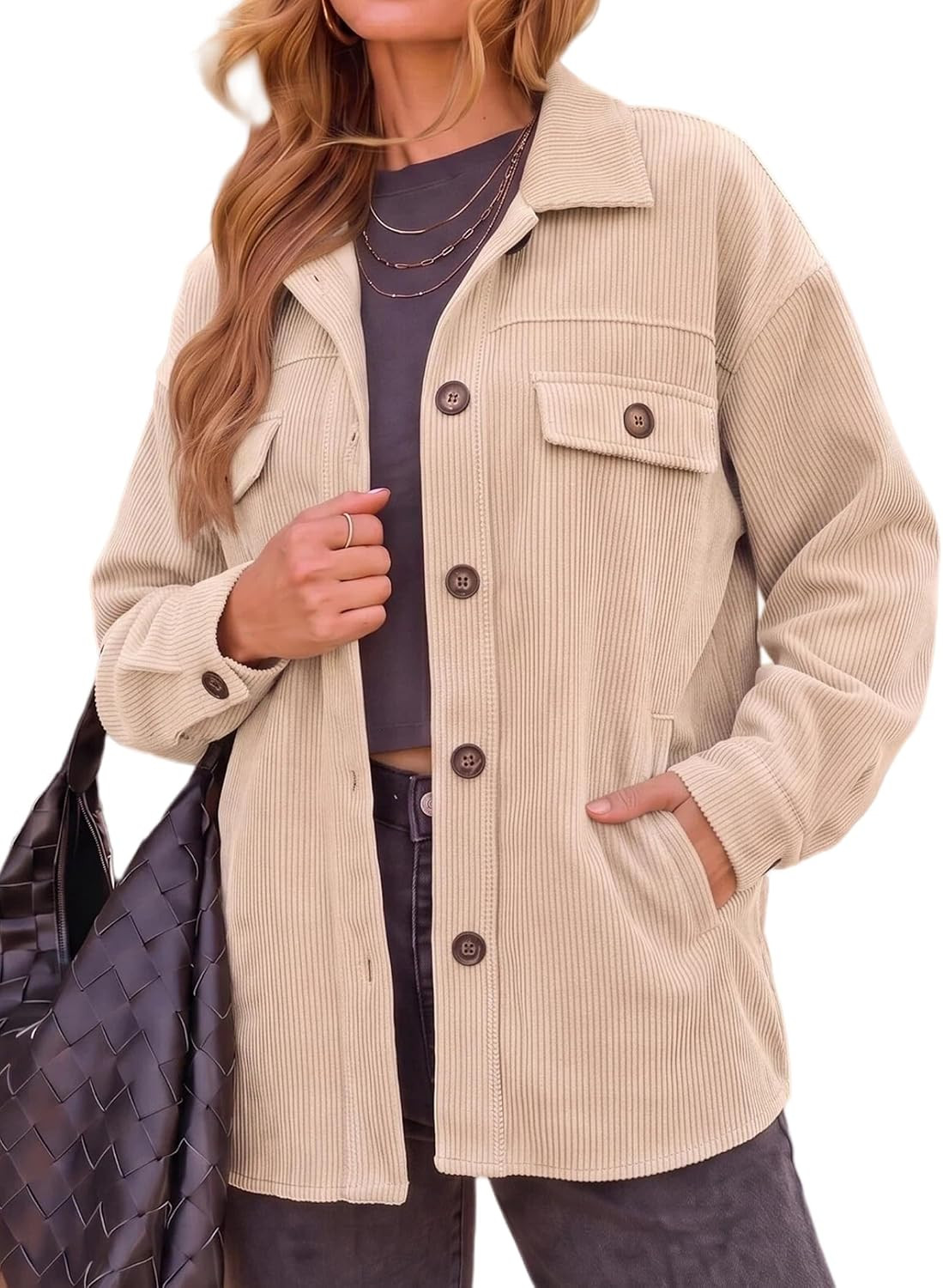 VICHYIE Women Corduroy Shacket Button Down Shirts Long Sleeves Jacket Coat | Amazon (US)