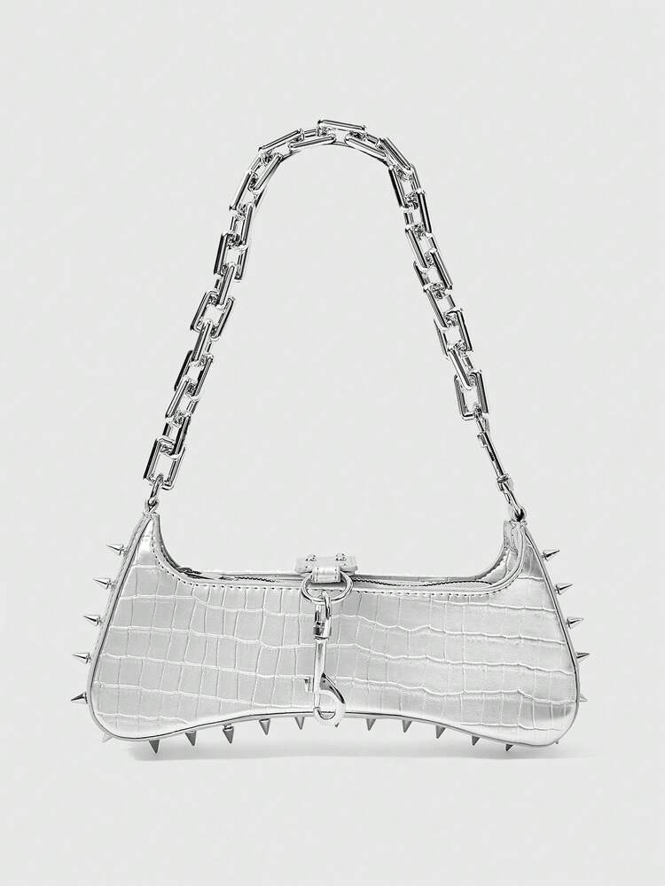 ROMWE Grunge Punk Women's Punk Edge Studded Shoulder Bag With Acrylic Chain Straps - Urban Street... | SHEIN