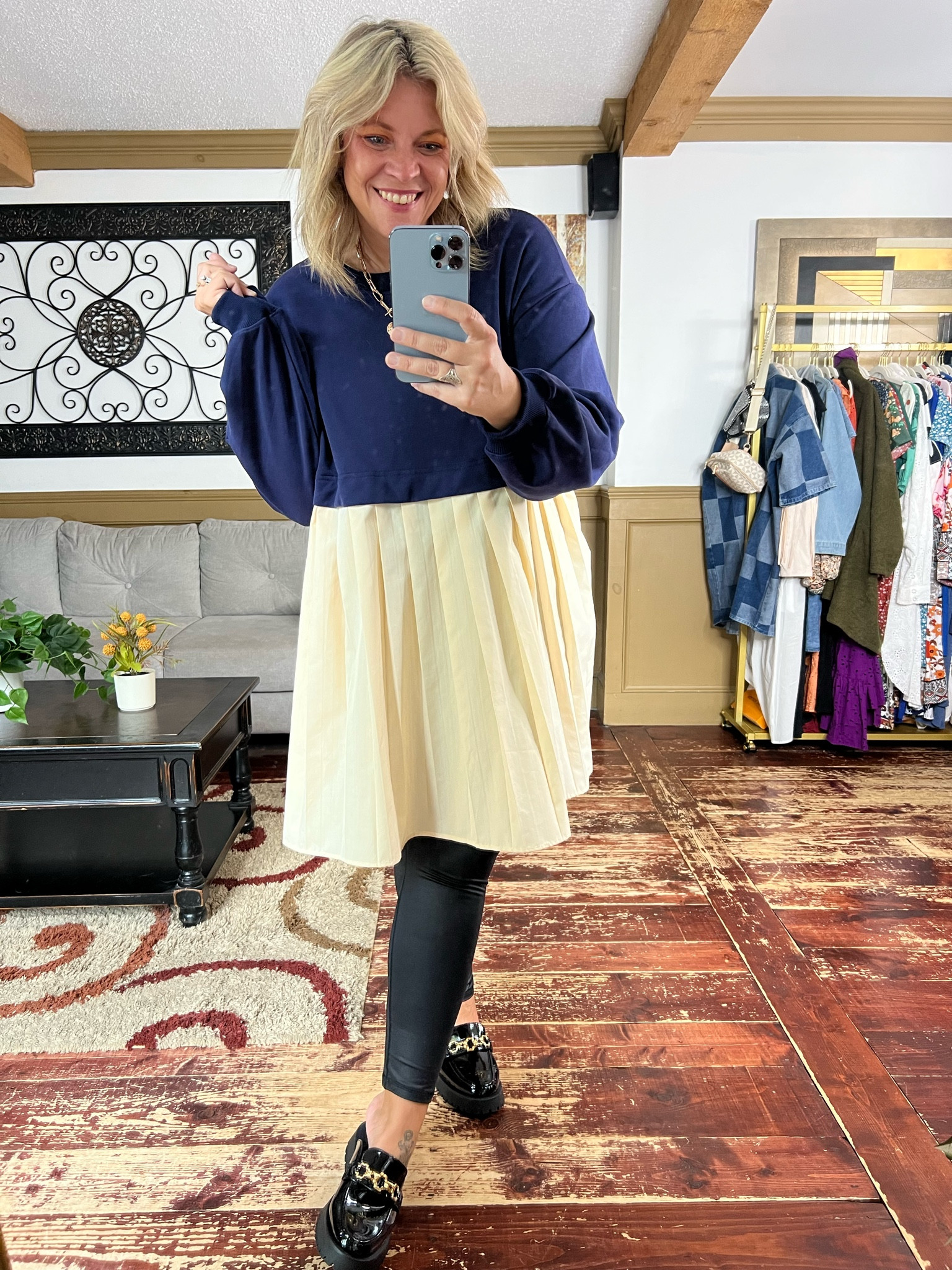 Free people look 4 less tunic dress- I’m in the xl but returned for the large- 
Faux leather leggings- xxl
Patent loafer mules 

#LTKmidsize #LTKplussize #LTKover40