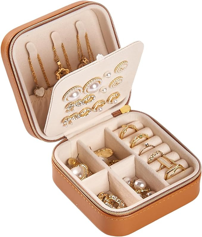 Travel Jewelry Box, Small PU Leather Jewelry Organizer for Women and Girls, Portable Mini Travel ... | Amazon (US)