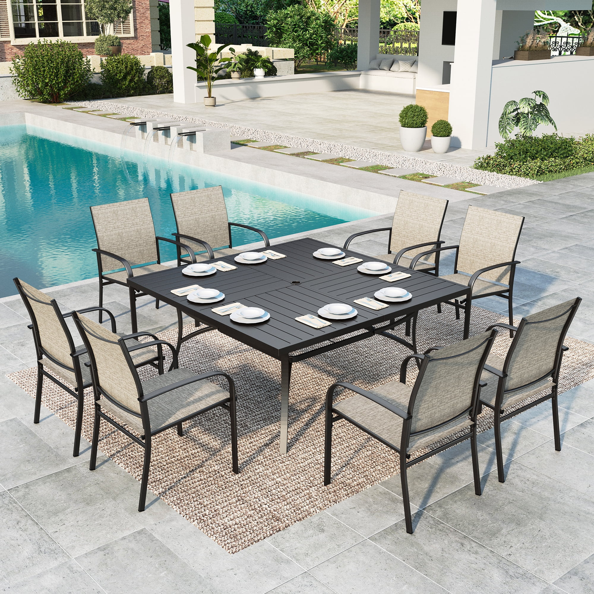 MF Studio 9-Piece Outdoor Patio Dining Set with Large Square Steel Table & Textilene Chairs for 8... | Walmart (US)