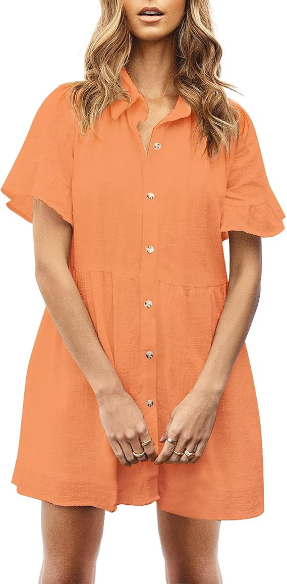 ROYLAMP 2023 Women's Cute Tunic Dress Bell Sleeve Split Hem Button up Flowy Summer Collared Mini ... | Amazon (US)