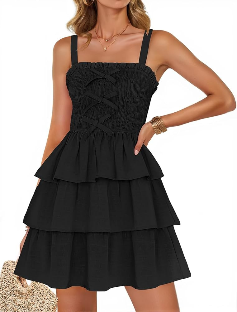ZESICA Women's Summer Sleeveless Ruffle Tiered Layered Mini Dresses 2025 Square Neck Smocked Shor... | Amazon (US)