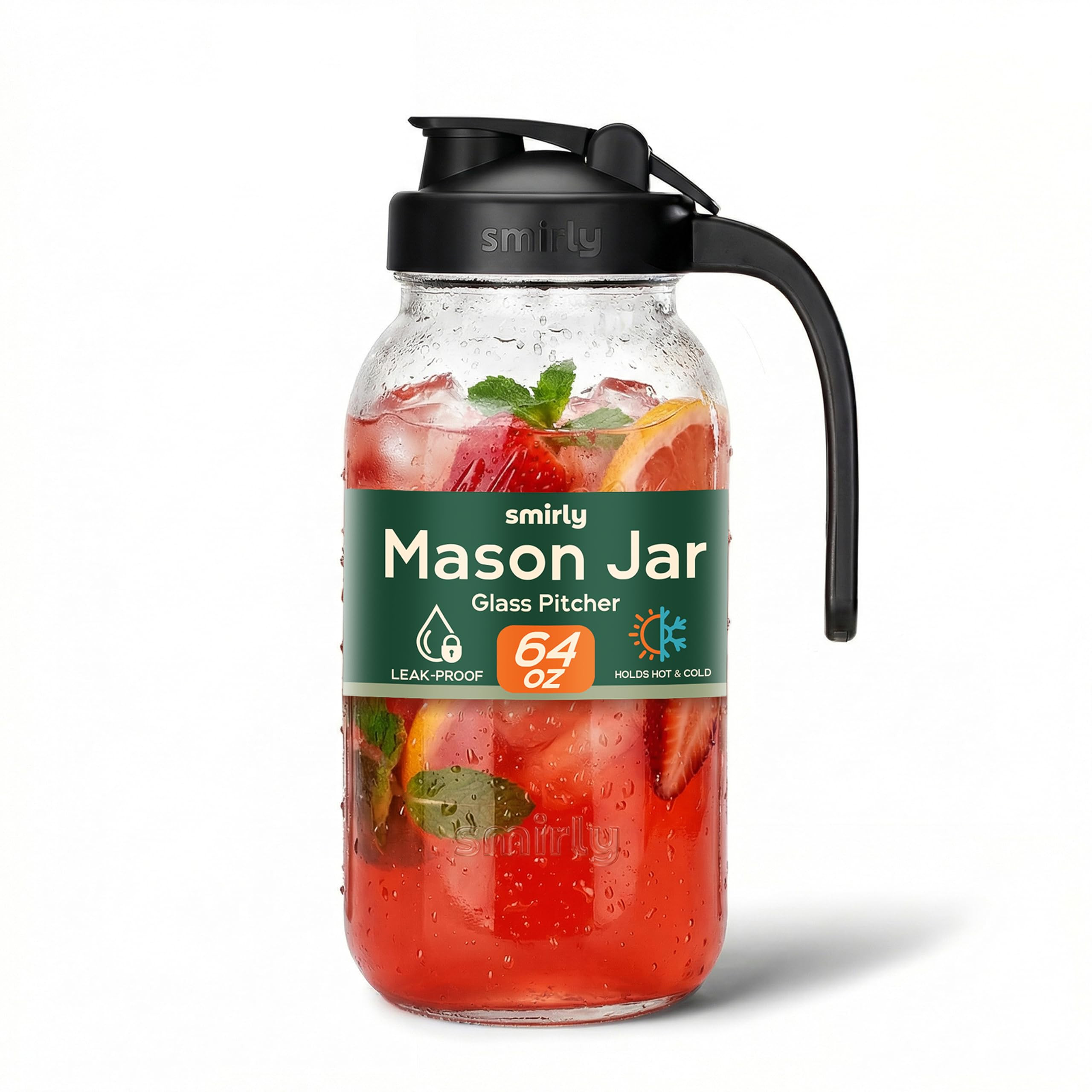 SMIRLY 64 oz Mason Jar Pitcher,Glass Pitcher with Wide Mouth,Water Jug with Double Leak Proof Lid... | Amazon (US)