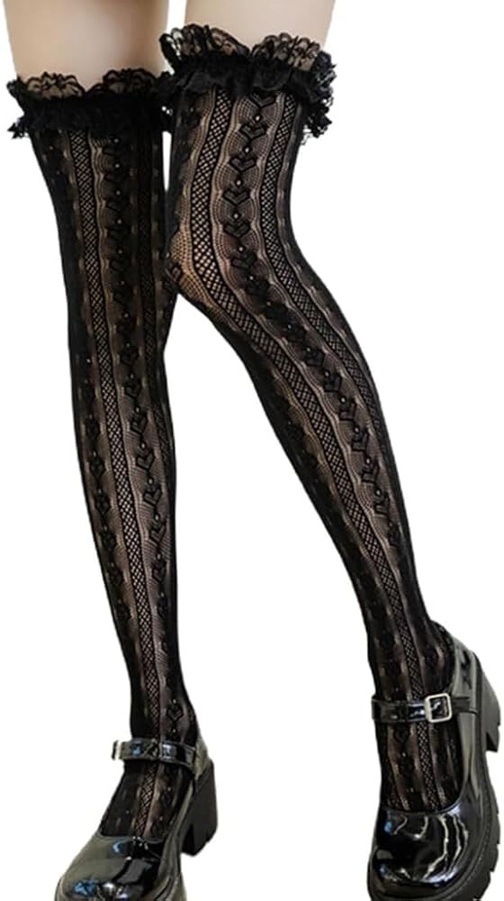 Fishnet Thigh High Socks Heart Striped Lace Ruffled Over Knee Stockings | Amazon (US)