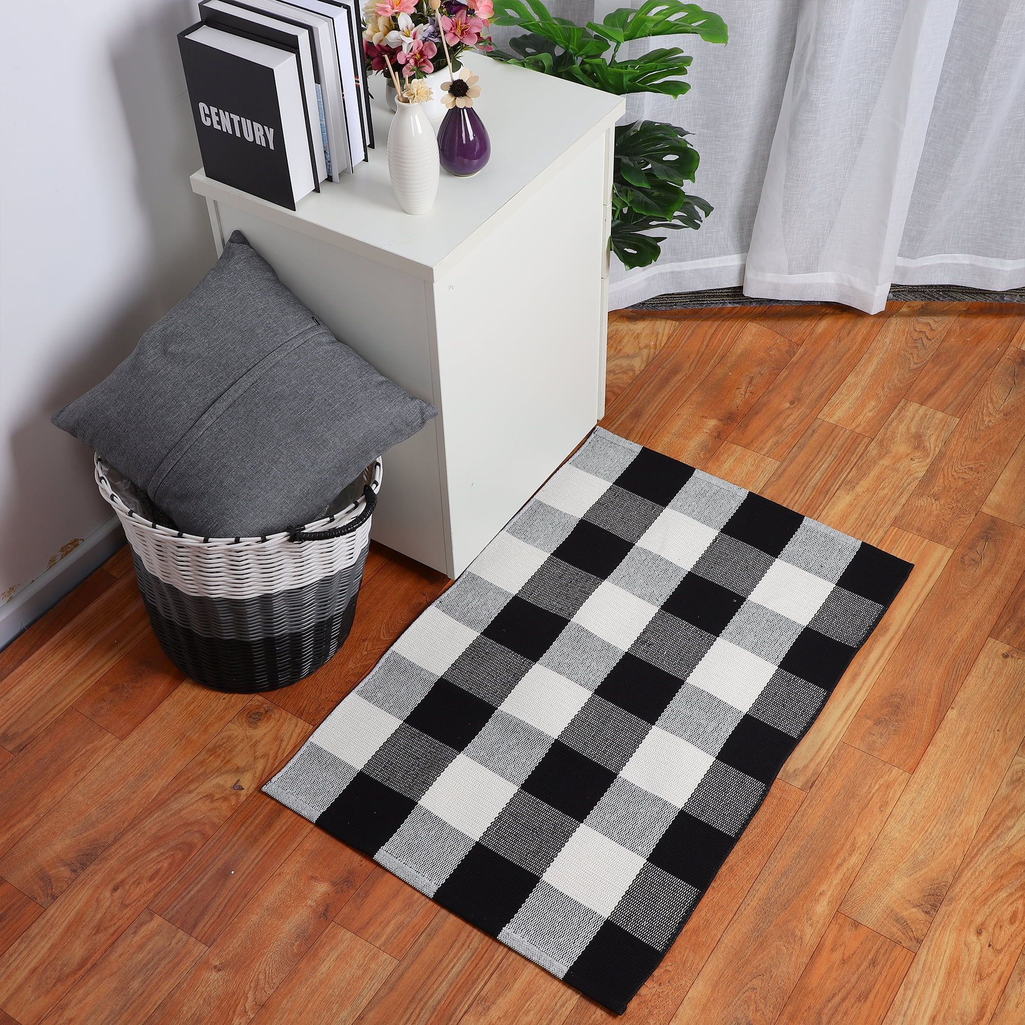 Washable Cotton Checkered Plaid Area Floor Runner Doormat Rugs Carpet for Indoor/Outdoor Black an... | Walmart (US)