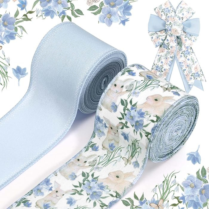 2 Rolls Blue Easter Wired Edge Ribbon Watercolor Flowers Bunny Patterned Fabric Ribbon for Spring... | Amazon (US)