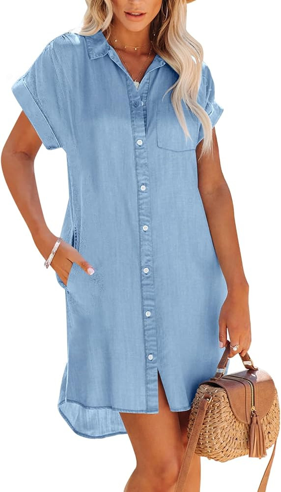Paintcolors Women's Long Sleeve Silk Denim Button Up Dresses Shirt Tunics Cover-ups Oversized Blo... | Amazon (US)