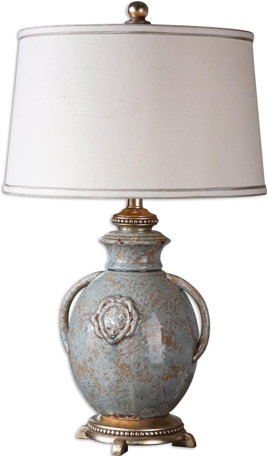 29" Distressed Blue Ceramic Urn & Off-White Round Tapered Drum Shade Table Lamp | Amazon (US)