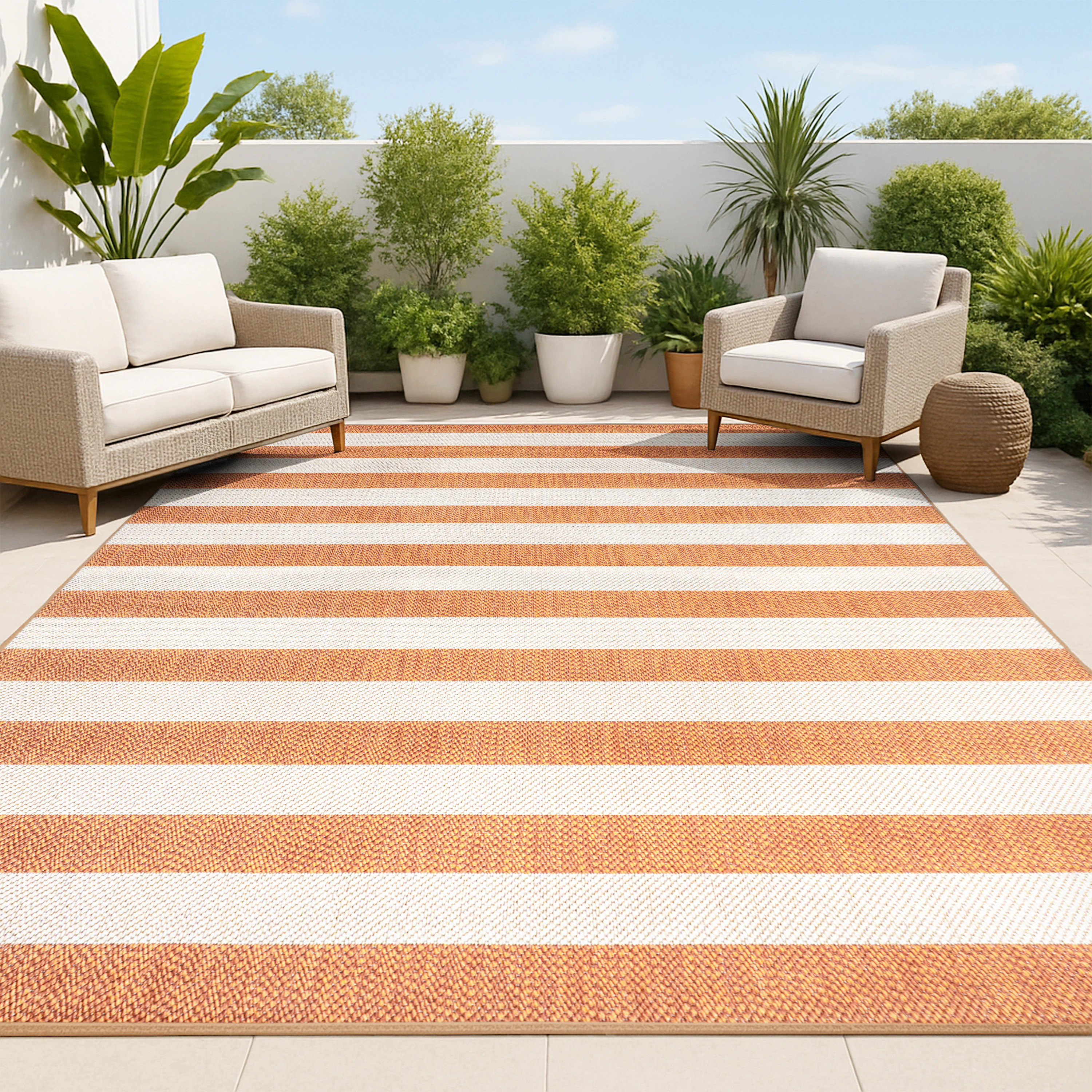 JONATHAN Y SANTA MONICA Negril Two-Tone Wide Stripe 3 x 5 (ft) Loomed Polypropylene Orange/Beige Rectangular Indoor/Outdoor Stripe Mid-Century Modern | Lowe's