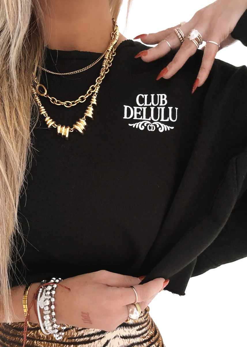 CROPPED CLUB DELULU (WHITE) GRAPHIC SWEATSHIRT | Pebby Forevee