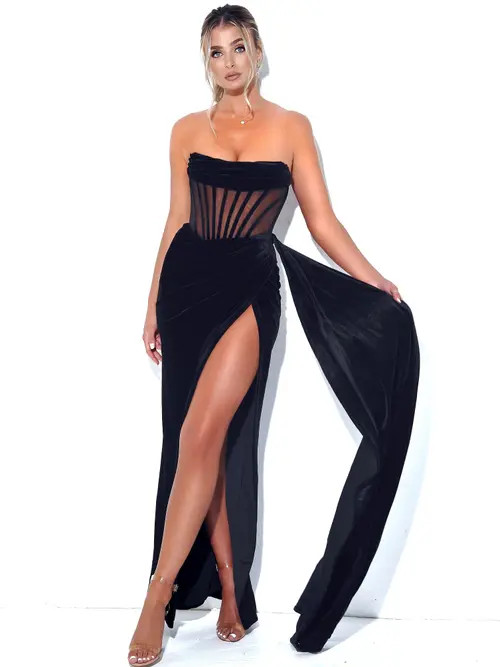 Miss Circle Priya Black Draping Corset High Slit Velvet Gown at Nordstrom, Size Xx-Small P | Nordstrom