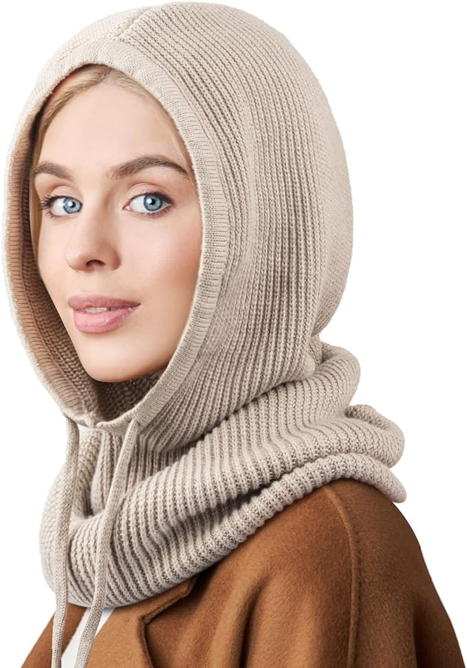 Hooded Scarf Hat Knit Balaclava Women Beanie Skull Cap with Drawstring Warm Winter Hats for Women... | Amazon (US)