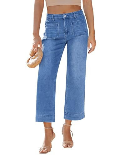 LookbookStore High Waisted Wide Leg Pants for Women Stretchy Cropped Jeans for Women Baggy Blue Jeans Country Concert Outfit Size Medium Size 8 10 | Amazon (US)