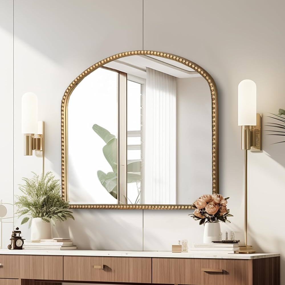 Arched Antique Gold Bathroom Mirror Baroque Metal Beaded Frame Wall Mirrors Decorative Wall Mirro... | Amazon (US)