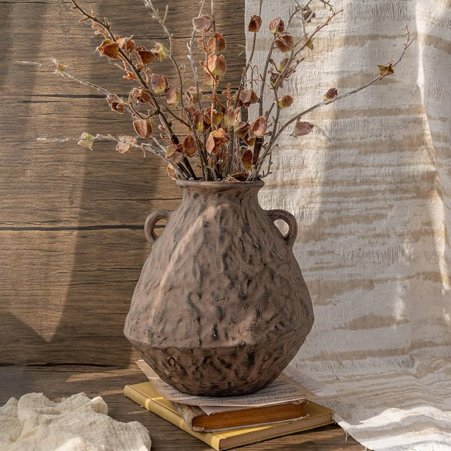 Ceramic Rustic Farmhouse Flower Vase, 10.6 Inch Vintage Clay Terracotta Pottery Antique Texture H... | Amazon (US)