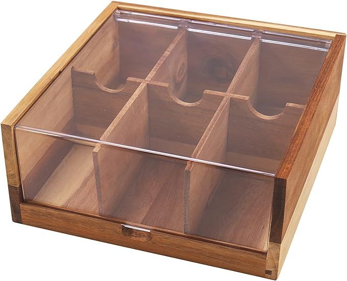 Acacia Wood Tea Bag Organizer Storage, 6 Compartments Tea Chest Box with Acrylic Transparent Hing... | Amazon (US)