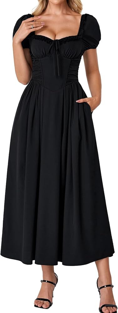 EYNMIN Floral Corset Midi Summer Wedding Guest Dresses for Women Lace Up Puff Sleeve Flowy A Line... | Amazon (US)