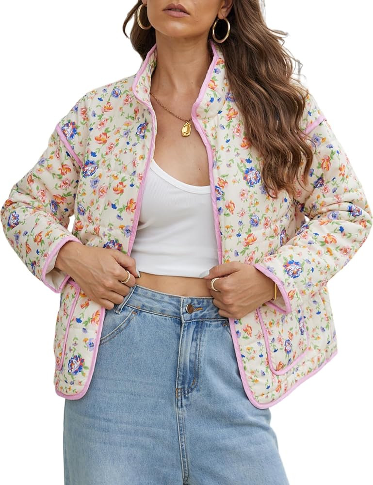 Arssm Women's Cropped Puffer Quilted Jacket Floral Printed Lightweight Long Sleeve Padded Short J... | Amazon (US)