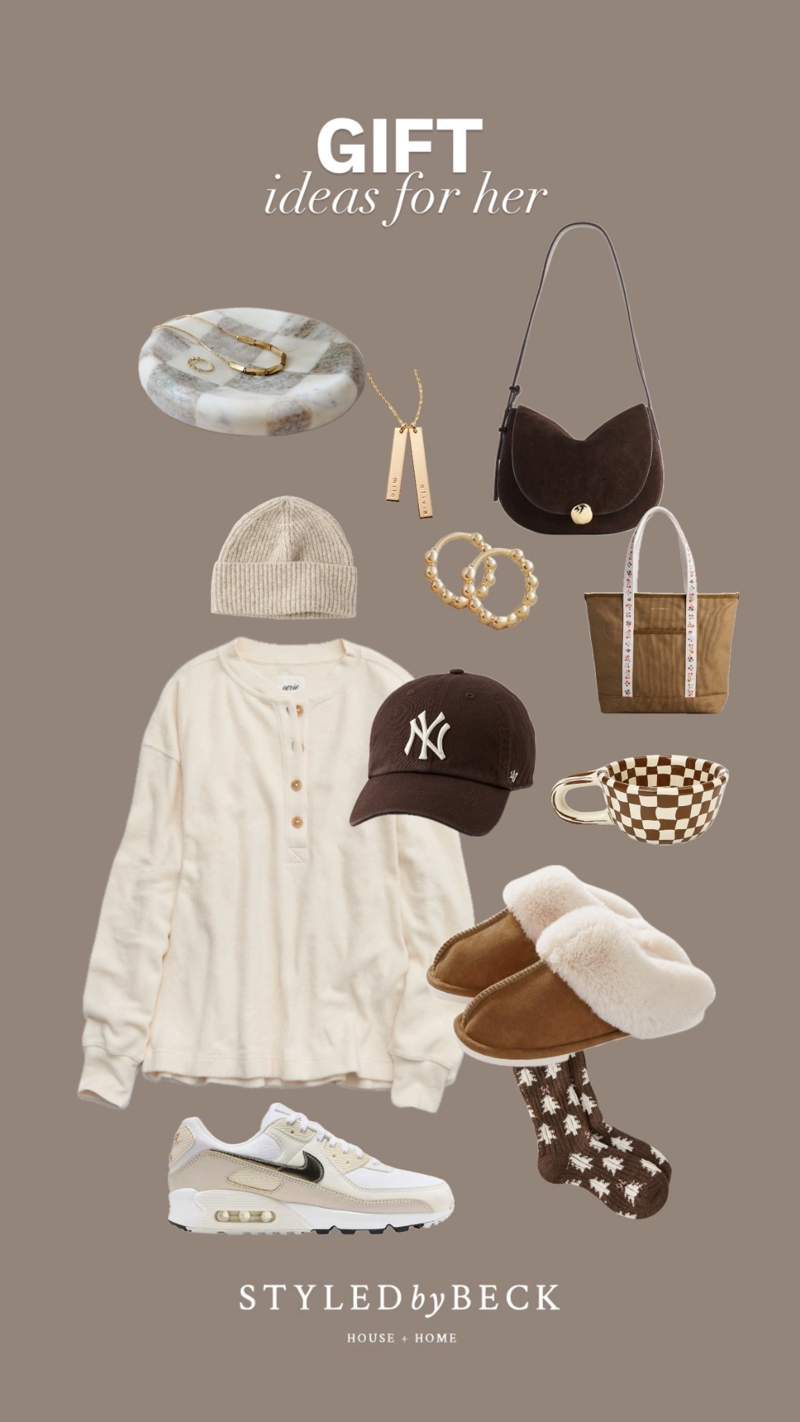 Gift guide for women, women’s Henley, women’s baseball cap, minimal jewelry, velvet crossbody, tote bag, cozy slippers, cozy socks, Nikes for her, Madewell, American Eagle, checkered mug, trinket catch all dish, Apple Watch band

#LTKHoliday #LTKGiftGuide #LTKmomlife