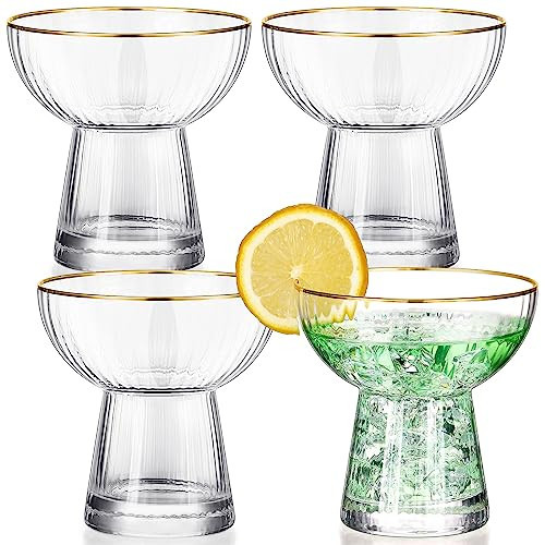 Lallisa Stemless Margarita Glasses Set of 4 Martini Champagne Glasses with Gold Rim Elegant Cocktail Glasses Ribbed Design Hand Glassware Thick Solid Clear Glass for Martini Wine Beer Drink, 10 oz | Amazon (US)