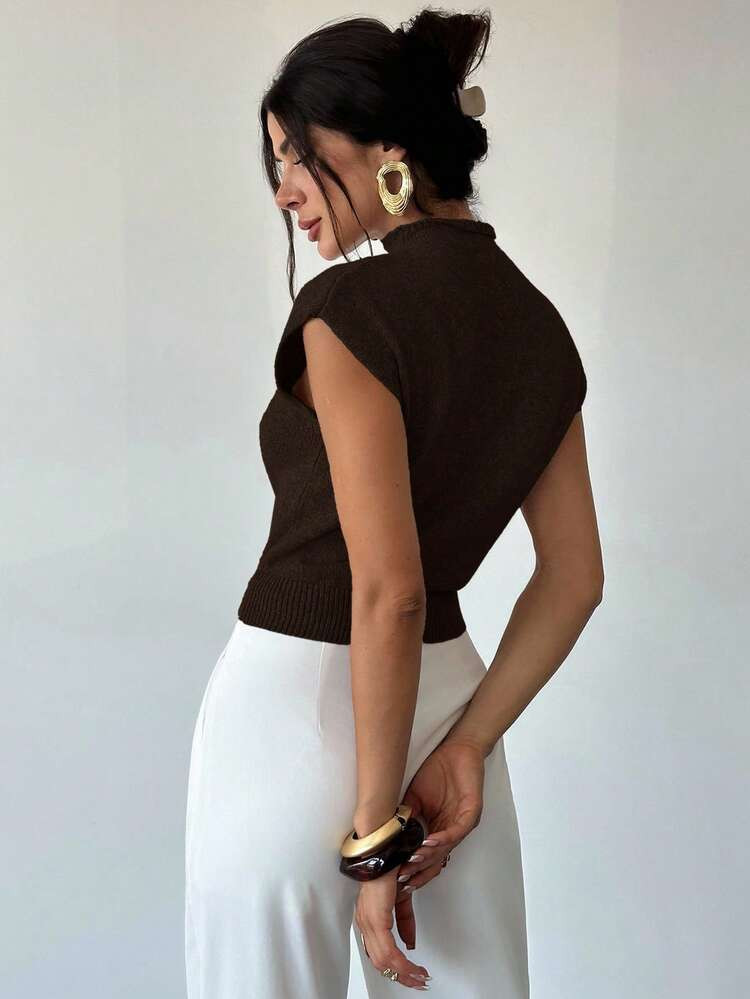 Firerie Elegant High Neck Loose Casual Versatile Sleeveless Knit Sweater Vest,Brown Sweater In Fa... | SHEIN