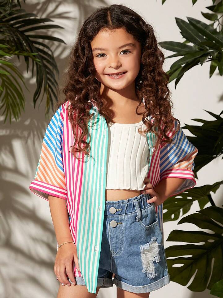 SHEIN Kids Cooltwn Girls Striped Print Drop Shoulder Shirt Without Cami Top | SHEIN